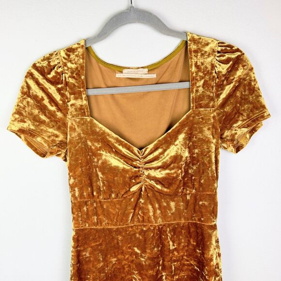 Urban Outfitters Maeve Crushed Velvet Mini Dress Yellow Sweetheart Short Slv S - Picture 3 of 13